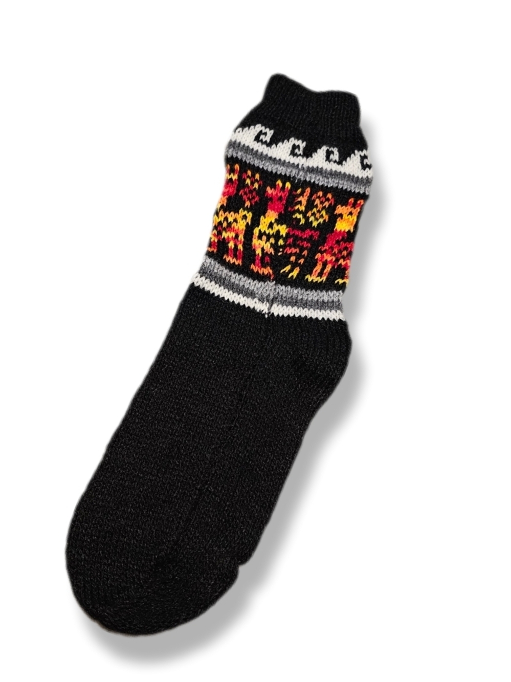 Black Knit Men’s Crew Socks with Red & Yellow Pattern
